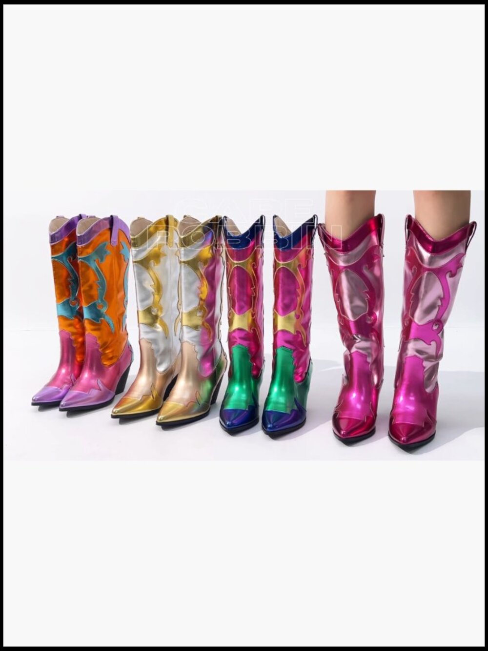 Metallic Colorblock Cowboy Boots Mid Calf 3 Inch Heel Pointed Toe Western Boots - Picture 7 of 7